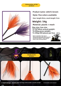 Detail of Halloween witch broom with orange mesh and detachable plastic handle