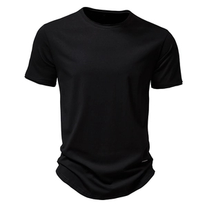 Detail of the high-quality fabric texture and ribbed crew neck on this black men's cotton tee