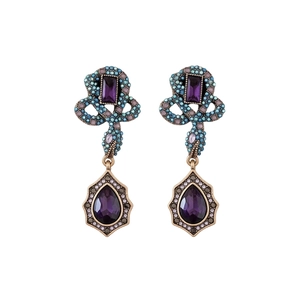 Vintage gold snake earrings with teardrop purple crystals and turquoise beads