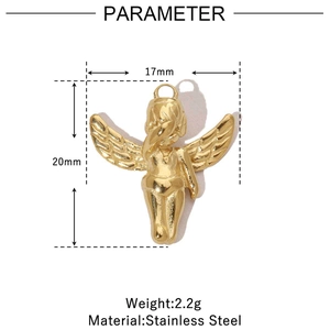 Golden angel pendant size details: 20x17mm stainless steel charm with 2.2g weight specs