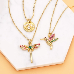 Fashion Pendant Necklace Women Copper 18K Gold Plated Colorful Zircon Dragonfly Hummingbird Evil Eye Elegant Boho Jewelry
