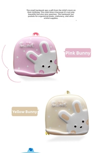 Detail showing the 3D bunny design and pink hardshell structure of the kids backpack