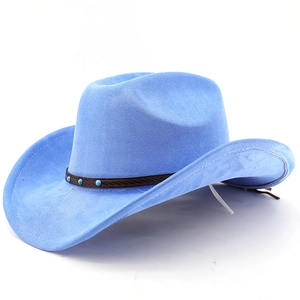 Detail of bright blue suede western cowboy hat with turquoise bead leather band