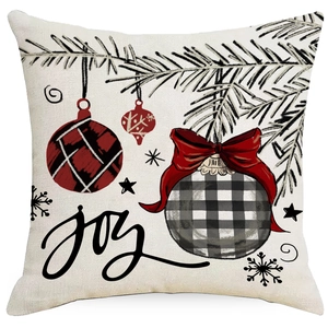 Christmas tree pillow cover with red joy lettering and plaid ornaments on linen