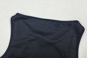 Detail shot of the high-neck neckline and shoulder seams of a black knitted dress