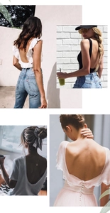 Collage of backless U-cut bras and tops showing various strap designs and back details
