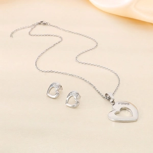 Heart Necklace And Stud Earrings Stainless Steel Hollow Rhinestone Jewelry For Women Elegant Fashion