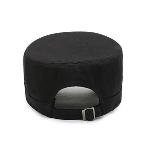 Adjustable black cotton cadet cap with metal buckle back view for outdoor fishing use