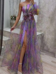 Floral print one-shoulder maxi dress with handmade 3D flower and high split detail