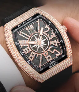 Macro detail of luxury tonneau quartz watch with iced-out rose gold case and black dial