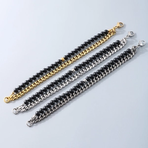 Men's double-layered cuban chain bracelets with black onyx beads in gold, silver, and grey