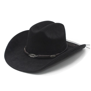 Chapeau de cowboy western classique en daim noir avec bande tressée et pendentifs feuilles
