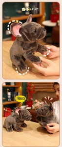 Close-up of brown French Bulldog plush toy showing realistic ears and soft fabric