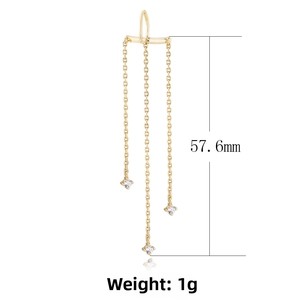 Detail view of gold tassel ear cuff showing 57.6mm length and cubic zirconia stones