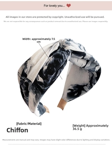 Detail of 7.5cm wide chiffon knotted headband with black and white marble tie-dye print