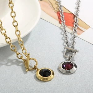 Chic OT buckle necklaces with round crystal pendants in gold and silver finishes