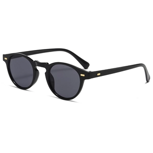 Lunettes de soleil rondes rétro noires avec rivets dorés et verres gris foncé tendance