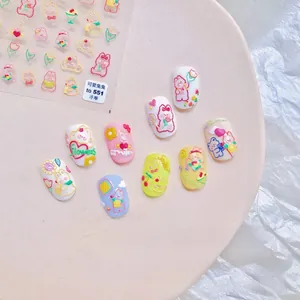 Detailed 5D relief nail stickers featuring blue bears and flowers with embossed texture