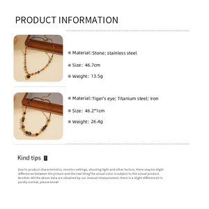 Detailed chart showing materials and sizes for Tiger's eye beaded necklaces with measurements
