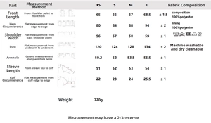 Detailed size chart for women's jacket showing measurements in cm from XS to L