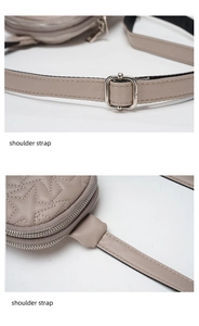Detail of adjustable shoulder strap hardware and star quilting on beige PU bag