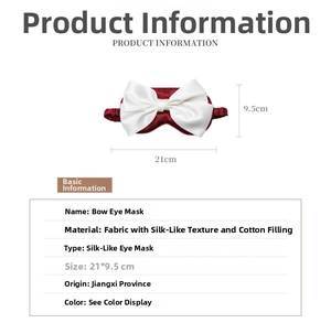 Detailed view of burgundy bow eye mask with dimensions and imitation silk texture