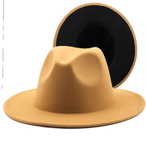 Classic camel wool fedora hat with a flat brim and contrasting black interior
