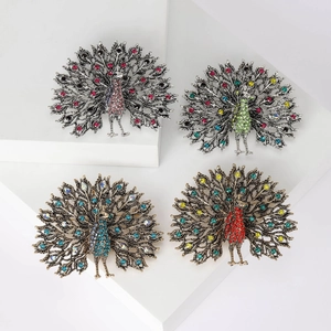 Peacock Brooch Alloy Rhinestone Sparkling Gemstone Antique Vintage Style Animal Shape Pin Accessories For Women