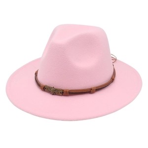 Detailed view of pink wool fedora hat with brown braided rope and skull metal charm