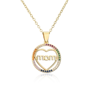 Detail of 18K gold plated circle pendant with rainbow cubic zirconia and MOM lettering