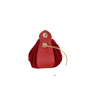 Elegant red leather and velvet wedding candy gift bag with golden snap and drawstring