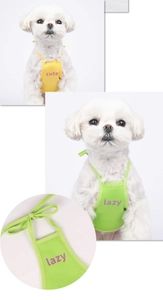 Detail of breathable mesh dog aprons in yellow and green with cute and lazy print