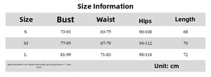Detailed size chart with bust, waist and hip measurements for this mini bodycon dress