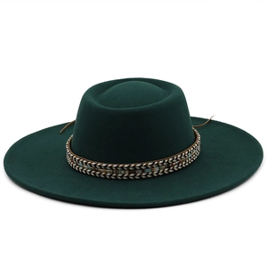Classic dark green flat top wool felt boater hat with ethnic woven band and wide brim