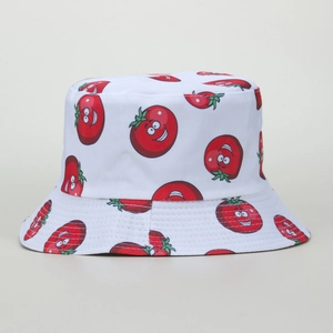 White canvas bucket hat with cute cartoon tomato print patterns on a flat top design