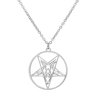 Macro shot of silver stainless steel Sigil of Baphomet pendant with detailed engraving