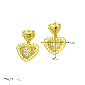 Detailed size specifications of heart-shaped gold drop earrings with clear zircons