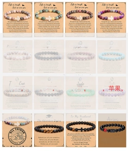 Detailed grid of natural stone bracelets including tiger eye and amethyst with charms