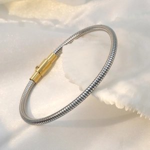Minimalist silver snake chain bracelet with gold cylinder clasp on white background