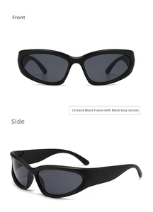 Front and side view of sporty Y2K sunglasses with black wrap-around wave temples