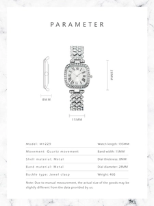 Detailed view of silver square quartz watch with crystal inlay and specific dimensions