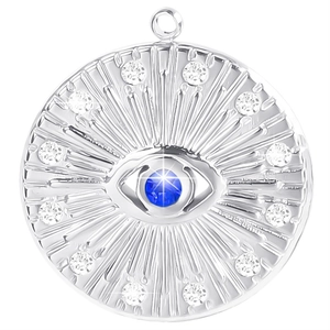 Detailed view of silver evil eye pendant with blue gem and radiating small crystals