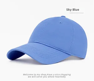 Close-up of sky blue cotton baseball cap showing twill fabric texture and stitching
