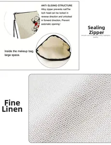 Detail of floral makeup bag featuring fine linen texture, alloy zipper, and spacious interior