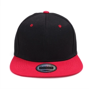 Macro view of black and red contrast snapback cap with silver holographic sticker