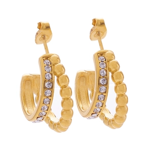 Elegant gold titanium steel hoop earrings with round zircons and beaded edge texture