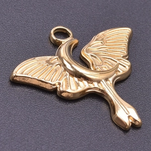 Macro shot of 18k gold-plated stainless steel moth pendant with detailed wing patterns