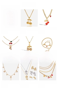 Detailed grid of 18K gold plated stainless steel cherry and pearl jewelry set
