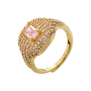 Detail of 18K gold ring with square pink zircon and pave-set crystals on adjustable band