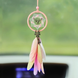Pink dream catcher car charm with gradient feathers and metal deer head for rearview mirrors